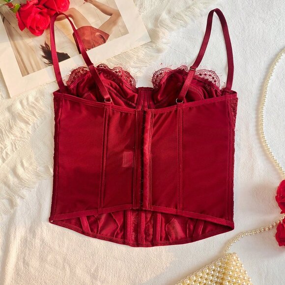 Burgundy Elegant Sexy Women's Bodycon Lace Trim Bustier Top - Picture 11 of 11
